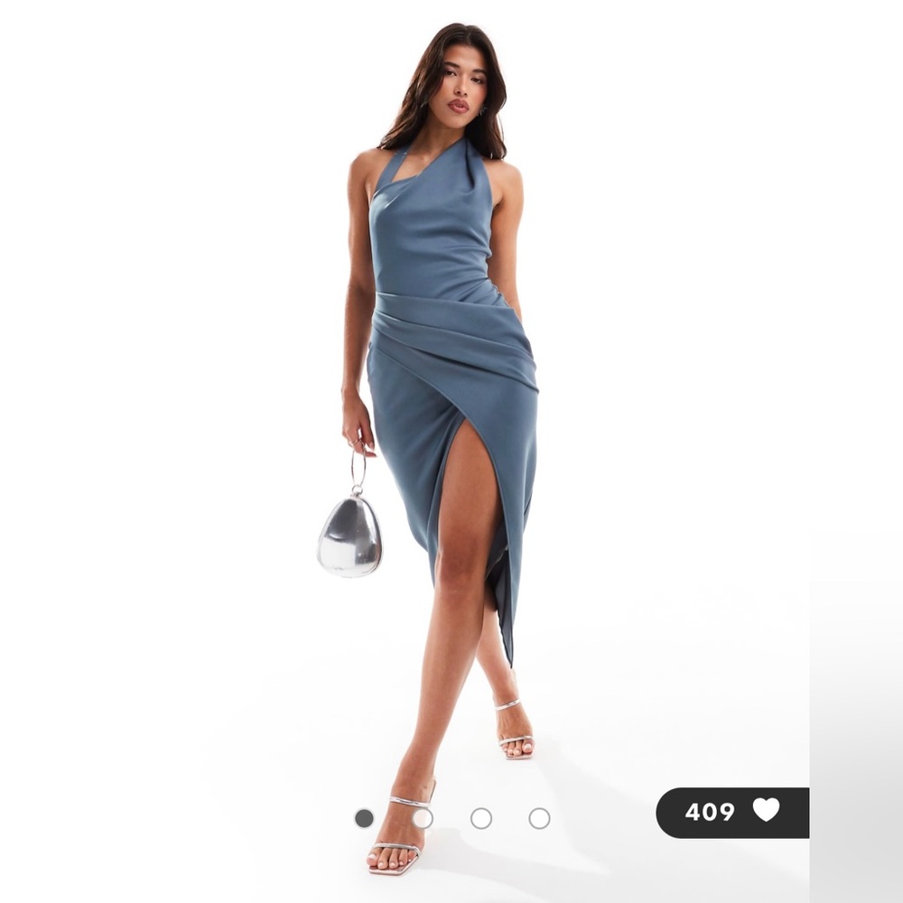 ASOS DESIGN scuba wrap around halter neck midi dress in petrol blue